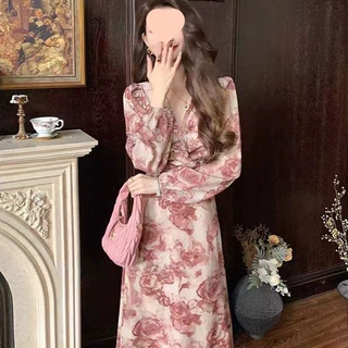 秋季轻熟风法式碎花连衣裙交叉绑带优雅显瘦仙女气质长裙一件代发