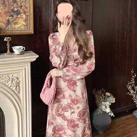 秋季轻熟风法式碎花连衣裙交叉绑带优雅显瘦仙女气质长裙一件代发