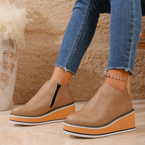 Winter retro wedge ankle boots, women's new large size platform side zipper fashion boots