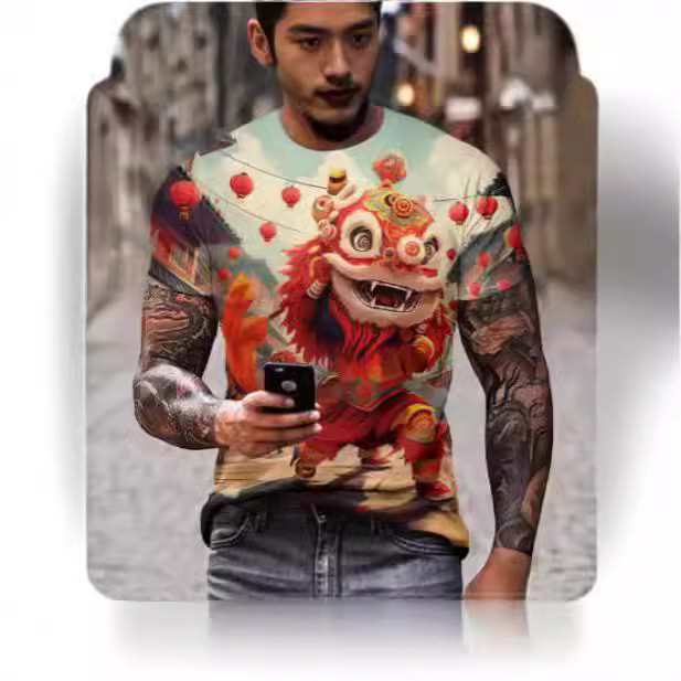 Men's T-Shirt 3D Dragon and Lion Print Novel Chinese Style Short-Sleeved Couple Fashion Tops Street Clothing Birthday Gift