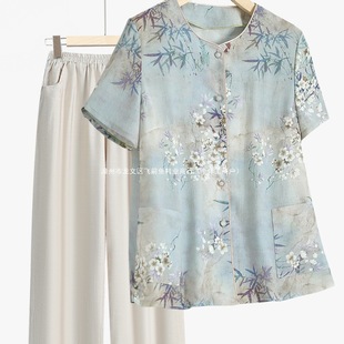 Middle-Aged and Elderly Shirts, Summer Ice Silk Tops, Grandma's Short-Sleeved Two-Piece Suits, Mom's Summer Thin Shirts