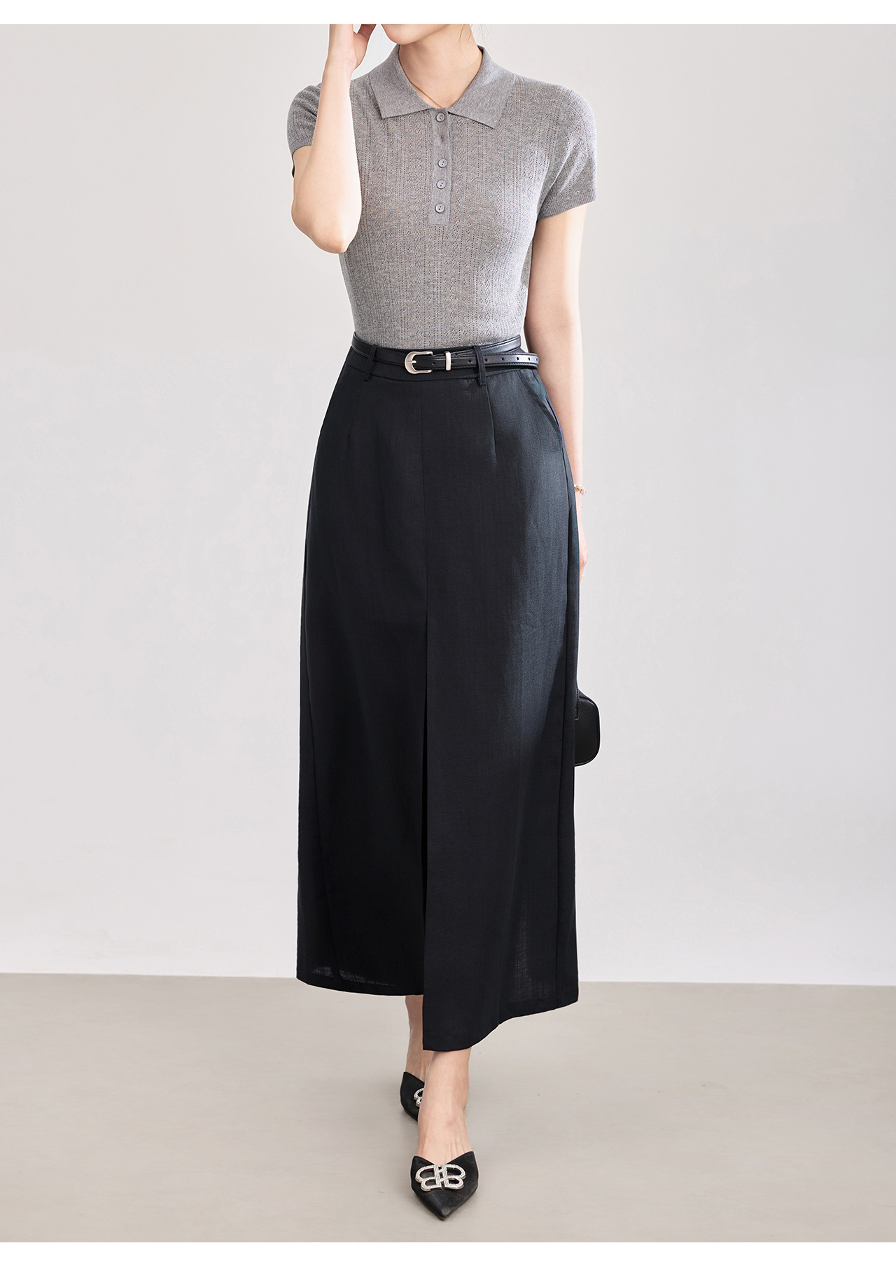Chân váy xếp ly nữ cạp trung thấp, chất liệu tencel linen phối sọc răng cưa, xẻ tà — Xanh lông mòng đen chi tiết 19