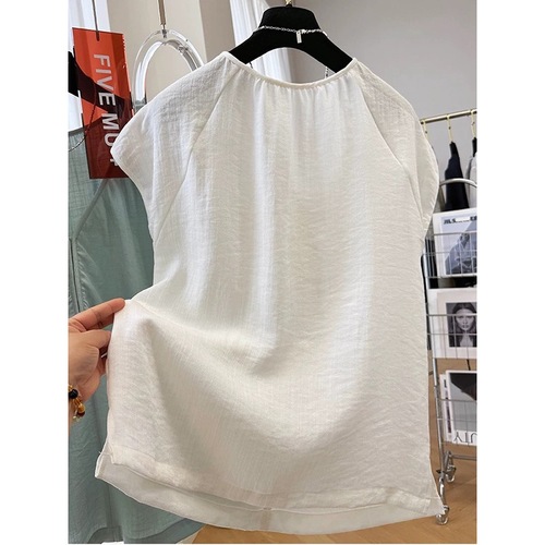 2025 summer new cotton linen short-sleeved V-neck loose temperament shirt top