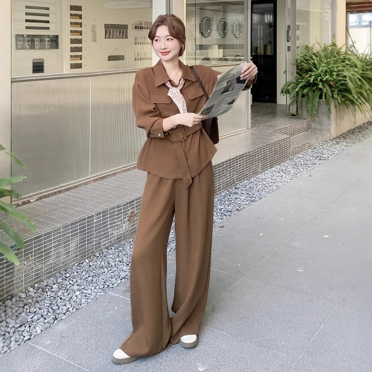 韩系休闲风时尚套装女2025秋季新款复古时髦衬衫上衣阔腿裤两件套|undefined