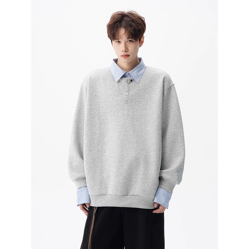 Japanese-Style Fake Two-Piece College-Style Lapel Sweatshirt for Men, New Spring and Autumn Trendy High Street Retro Inner Base Top