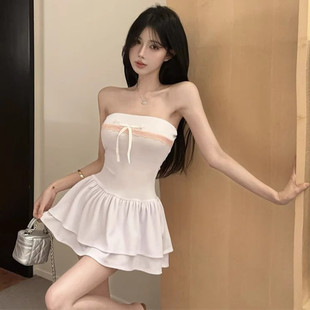 蕾絲荷葉邊連衣裙女夏季純欲性感蛋糕蓬蓬裙一字肩抹胸小背心短裙