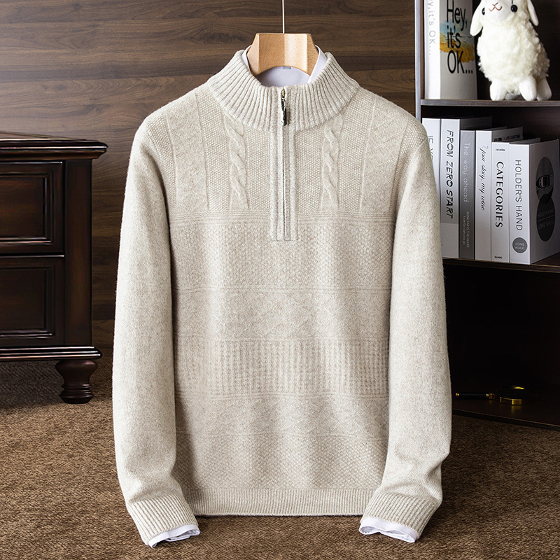 Ordos City Autumn and Winter Full Sheep Wool Thick Half-High Zipper Thickeneded Half-High Zipper Knitwear for Men