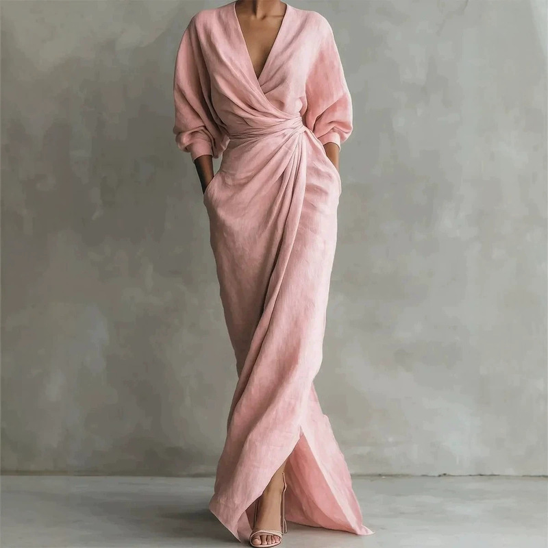 2026 New European and American Style Elegant Solid Color V-Neck Long Sleeve Slit Waist-Cinching Pocket Long Dress for Amazon Independent Sites