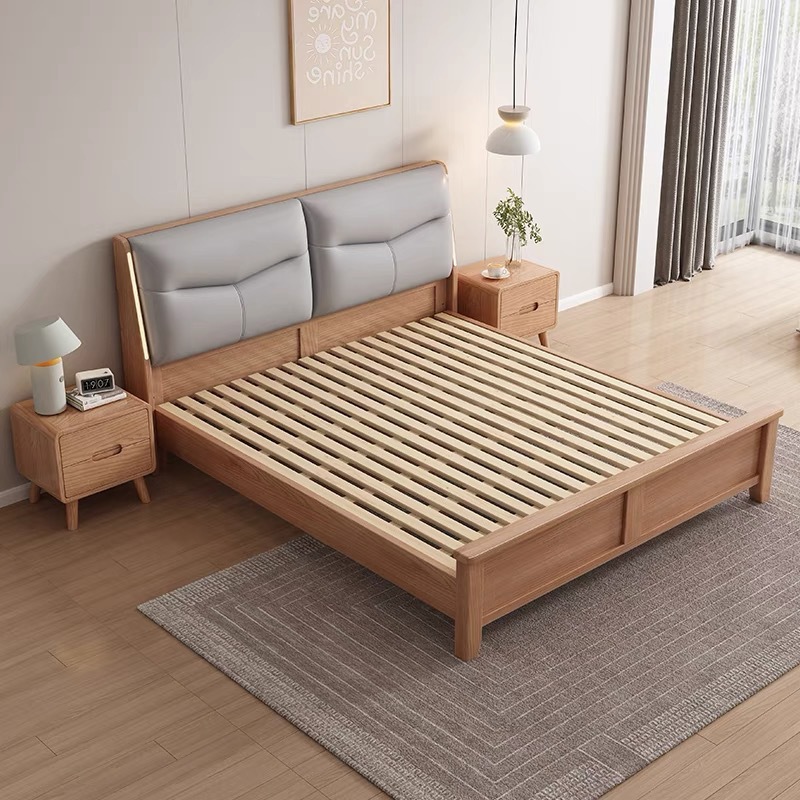 Cama de madera maciza moderna y simple, 1.8m cama doble, 1.5m lámpara nocturna inteligente, muebles de almacenamiento nórdicos suaves