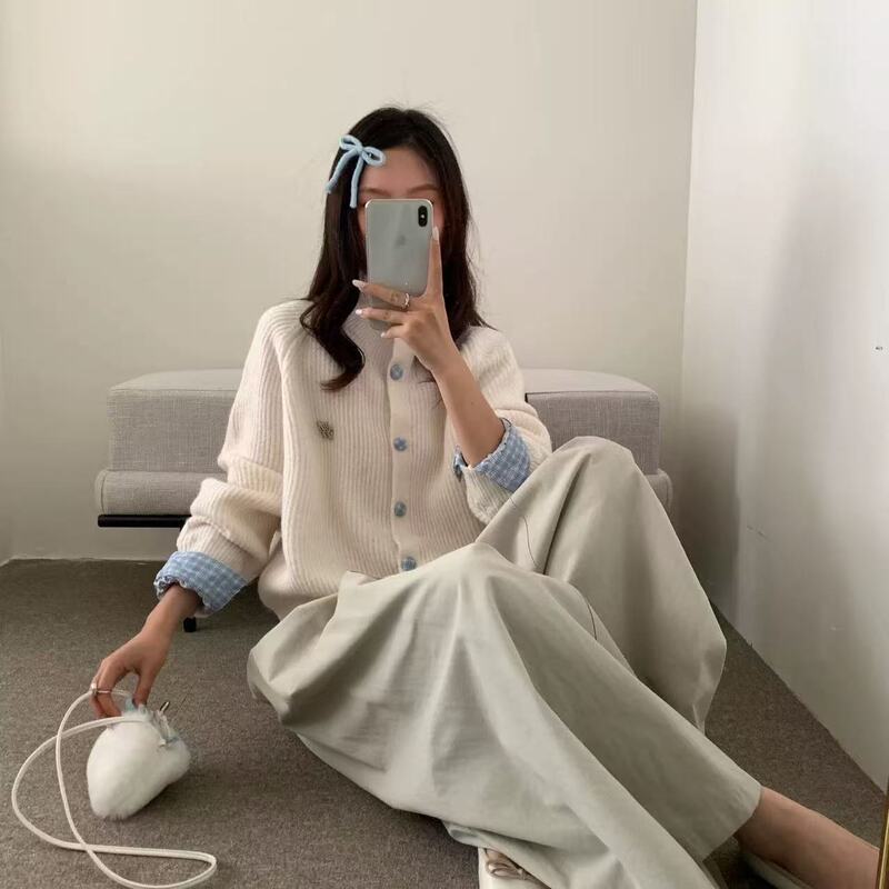 2025韩系假两件针织衫开衫女早秋设计感毛衣外套秋冬小个子感上衣|undefined