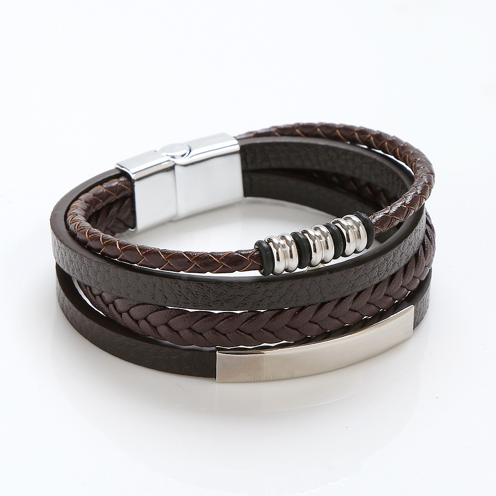 Joyería vendedora caliente transfronteriza simple tejida a mano pulsera de cuero de múltiples capas moda europea y americana popular hebilla magnética pulsera de los hombres