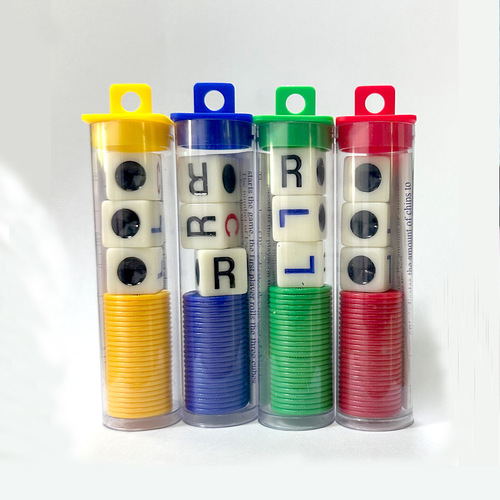 Cross-border hot selling left, center and right fun four-color game dice LCR game dice with chips in tube English version