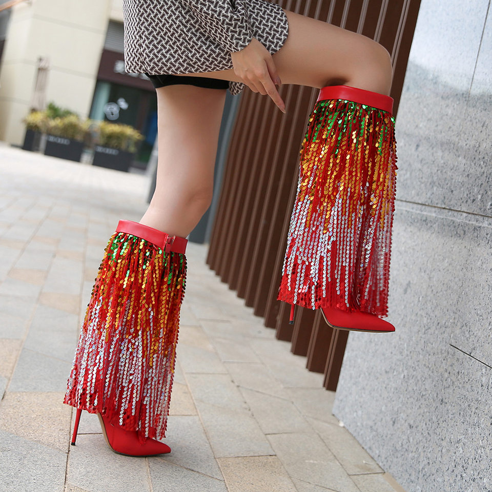 Bốt nữ cao gót mũi nhọn đính sequin phối khóa kéo bên hông, gót siêu cao — Màu hồng, màu vàng, màu đen, màu đỏ