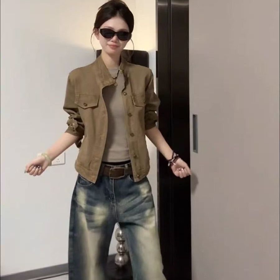 纯欲风立领修身卡其色牛仔外套女春秋季设计百搭短款工装上衣夹克