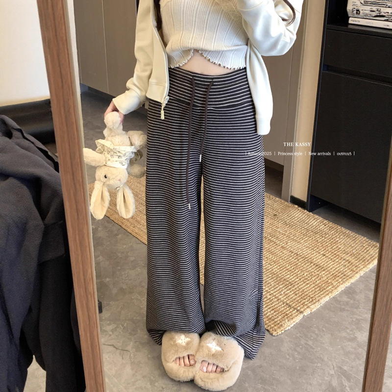 十三行女2025秋季垂坠感针织休闲裤子慵懒条纹显瘦阔腿裤拖地长裤|undefined
