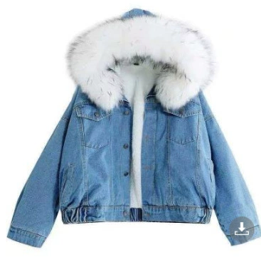 Denim short down jacket, oversize, warm padded coat with fur collar, summer style