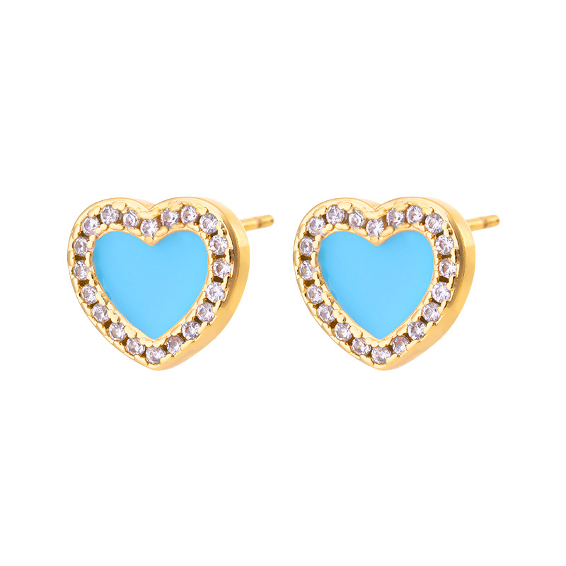 Fashion Simple Heart Inlaid Zircon Plated Real Gold  Copper Ear Stud Earrings display picture 4