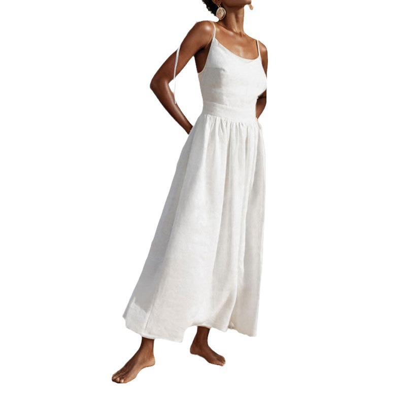 Spring Women's Wear Backless Dress, V-Neck Fashionable Solid Color Sleeveless Halter Dress_ecoleips.com