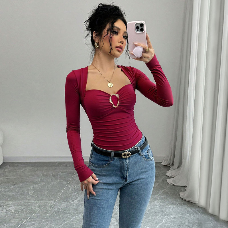 Spring and Summer New Style French Retro Square Collar Long-Sleeved Slim Pleated Top for Women Burgundy Niche Design Bottoming Shirt