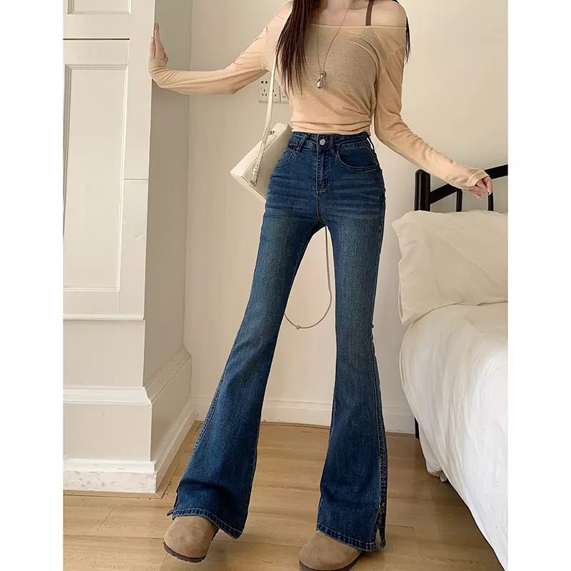 2507-慵懒风微喇牛仔裤女春秋季新款高腰弹力显瘦开叉喇叭牛仔裤