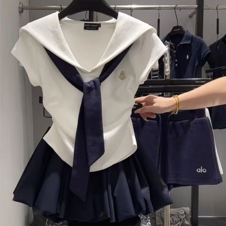 韩系学院风时尚撞色海军领短袖T恤女2025夏季新款修身显瘦上衣ins|undefined