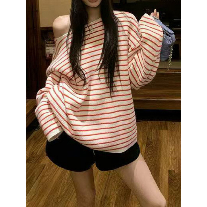 Ys Spring and Autumn New Lazy Style Red and White Striped Off-Shoulder Long Sleeve Sweater for Women American Retro Casual Knitted Top