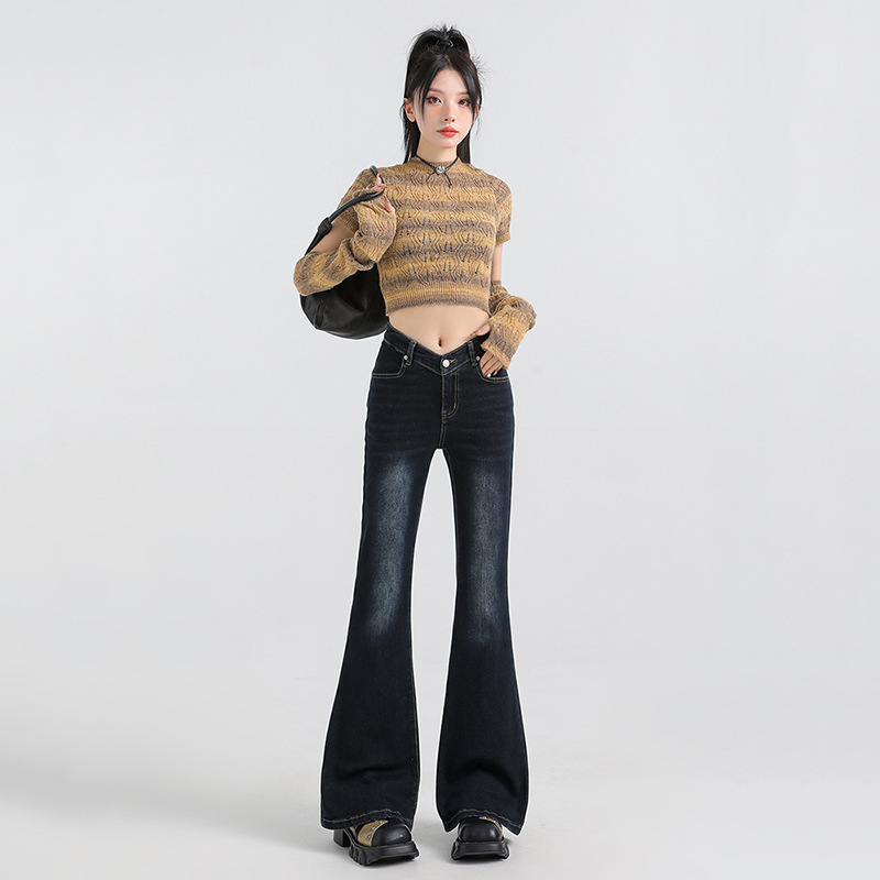 American High Street V-Waist Bootcut Jeans for Women in Autum New Sexy Design Slim Fit Horseshoe Flared Pants