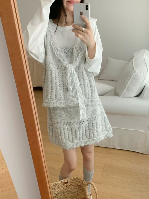 甜美温柔风针织马甲毛线半身裙两件套2025秋冬新款软糯毛衣套装女|undefined