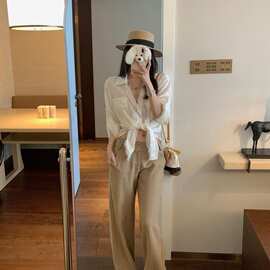 宽松显瘦低腰亚麻休闲裤女夏季薄款气质辣妹垂感长裤图片色纯色