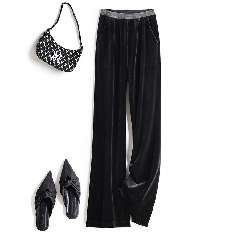 Imported black velvet narrow wide-leg pants for women, new high-waisted, drapey, straight-cut velvet pants with slight flared legs for spring, autumn, and winter