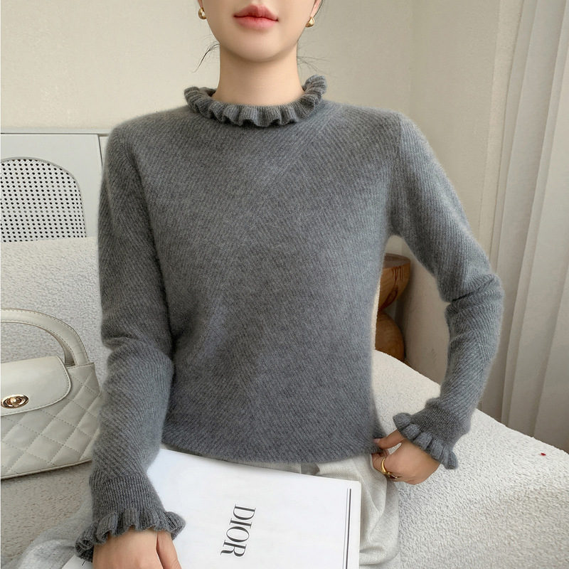 Gentle Style Ruffled Cashmere Sweater for Women with Lace, Half-High Collar, Ribbed, Warm Inner Knit Base Sweater