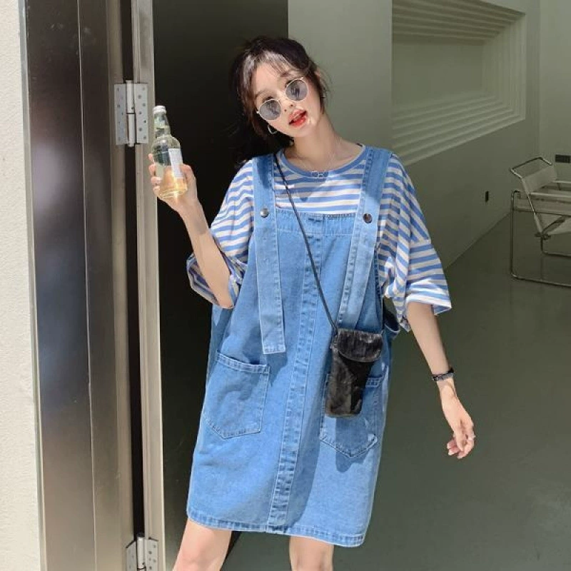 Светло-синяя джинсовая юбка на подтяжках, женский летний костюм 2025, новый корейский стиль, свободное утягивающее платье, уменьшающее возраст, для маленьких людей