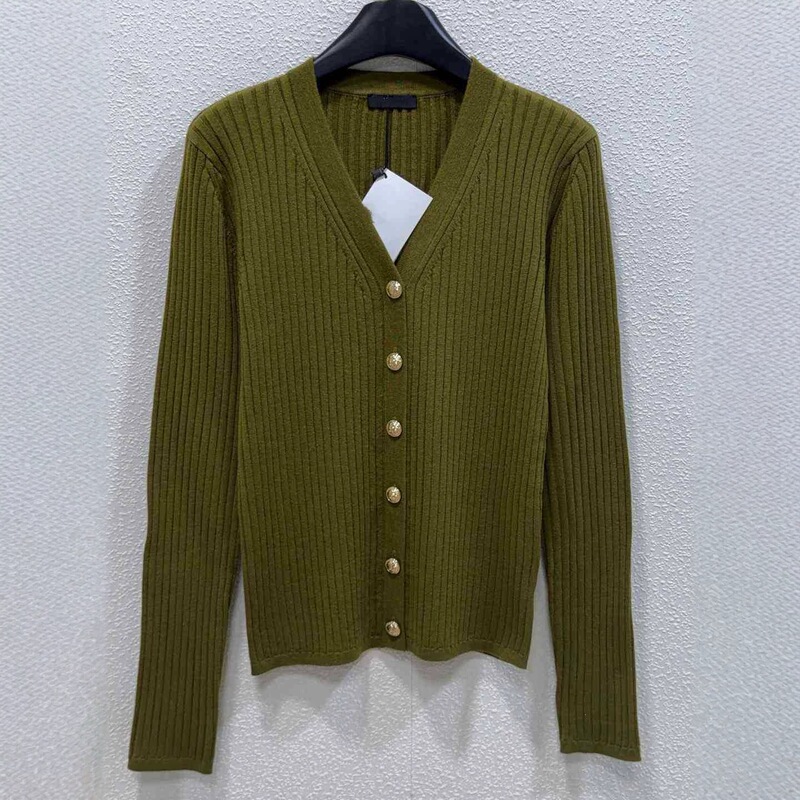 Balmain V-neck ribbed knit cardigan with metal single-breasted buttons, slim-fit, olive green long-sleeve sweater coat