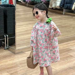 童裝2024春款韓版女童法式裙 田園風甜美玫瑰花公主裙 碎花連衣裙