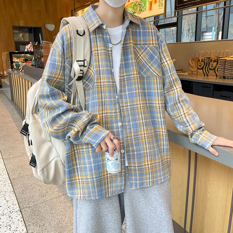 美式潮牌撞色格子衬衫男春秋季新款长袖宽松衬衣青少年感外套
