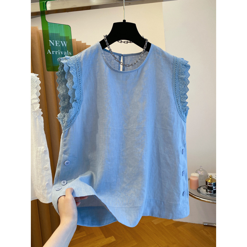 European Lace Splicing Linen Sleeveless Top for Women Summer 2025 New Loose and Stylish Blue Flying Sleeve Shirt European Lace Splicing Linen Sleeveless Top for Women Summer 2025 New Loose and Stylish Blue Flying Sleeve Shirt