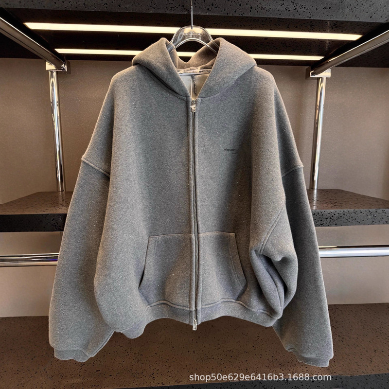 In Stock! Aw New Large Version Star's Same Style Glitter Plus Velvet Zipper Hooded Sweatshirt Jacket Winter Loose Version In Stock! Aw New Large Version Star's Same Style Glitter Plus Velvet Zipper Hooded Sweatshirt Jacket Winter Loose Version