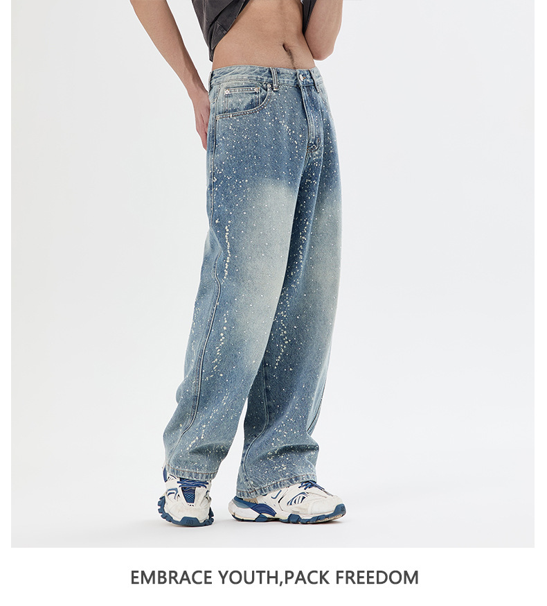 ​​Men's High Street Distressed Jeans With Starry Rhinestone Embellishments - Relaxed Fit Straight Leg Denim Pants For Casual & Streetwear​​_mkmklike.com