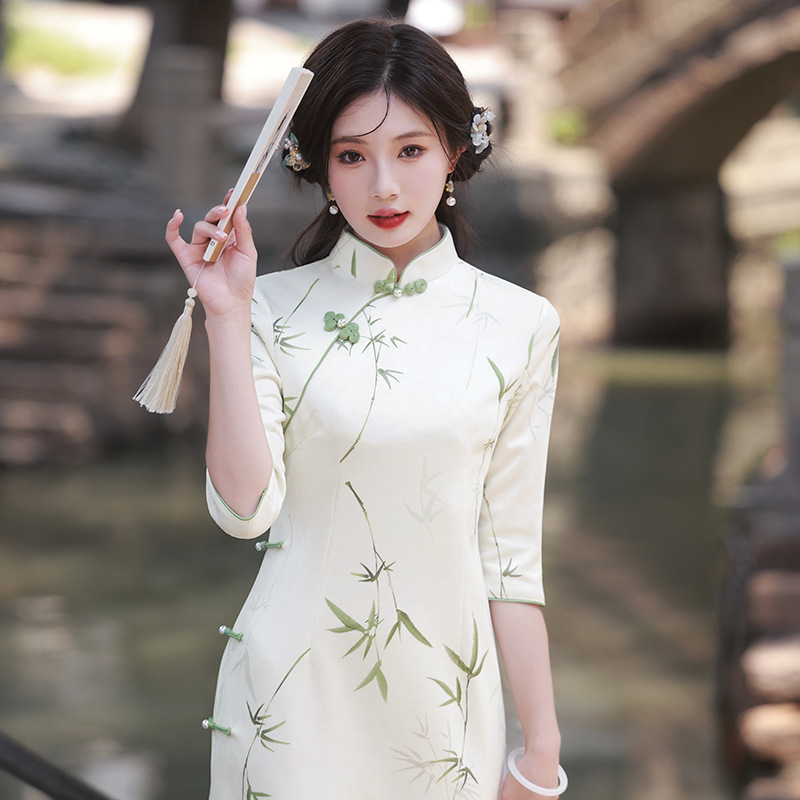 Princess Qianjin's New Mid-Sleeve Slim Long Cheongsam Dress Spring Women's Retro Suede Cheongsam Dress