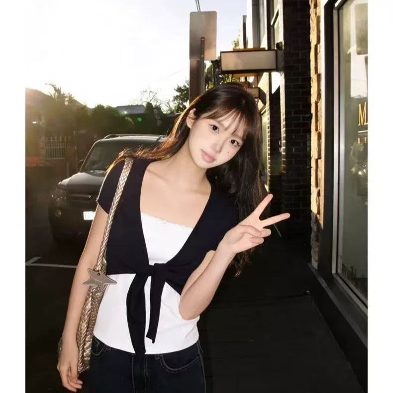 Korean-style youthful new white lace versatile lace-up cardigan for women, summer tube top layered slim-fit top two-piece set