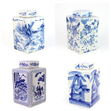 景德镇仿清康熙年制青花人物山水四方茶叶罐手绘仿古瓷器家居摆件