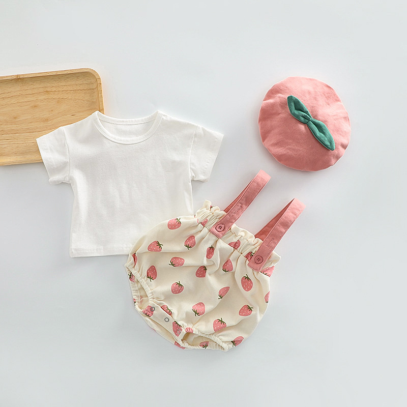 Estilo coreano ins chica bebé fresa impreso Correa romper + sombrero algodón suave mono con sombrero