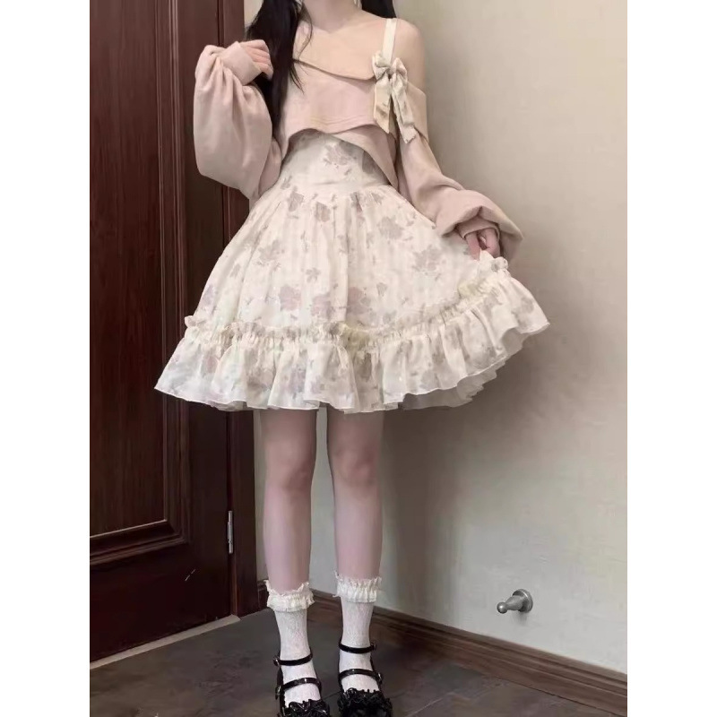 Tea break French rose floral apricot pink rose suspender dress + pink coat elegant dress new two-piece set