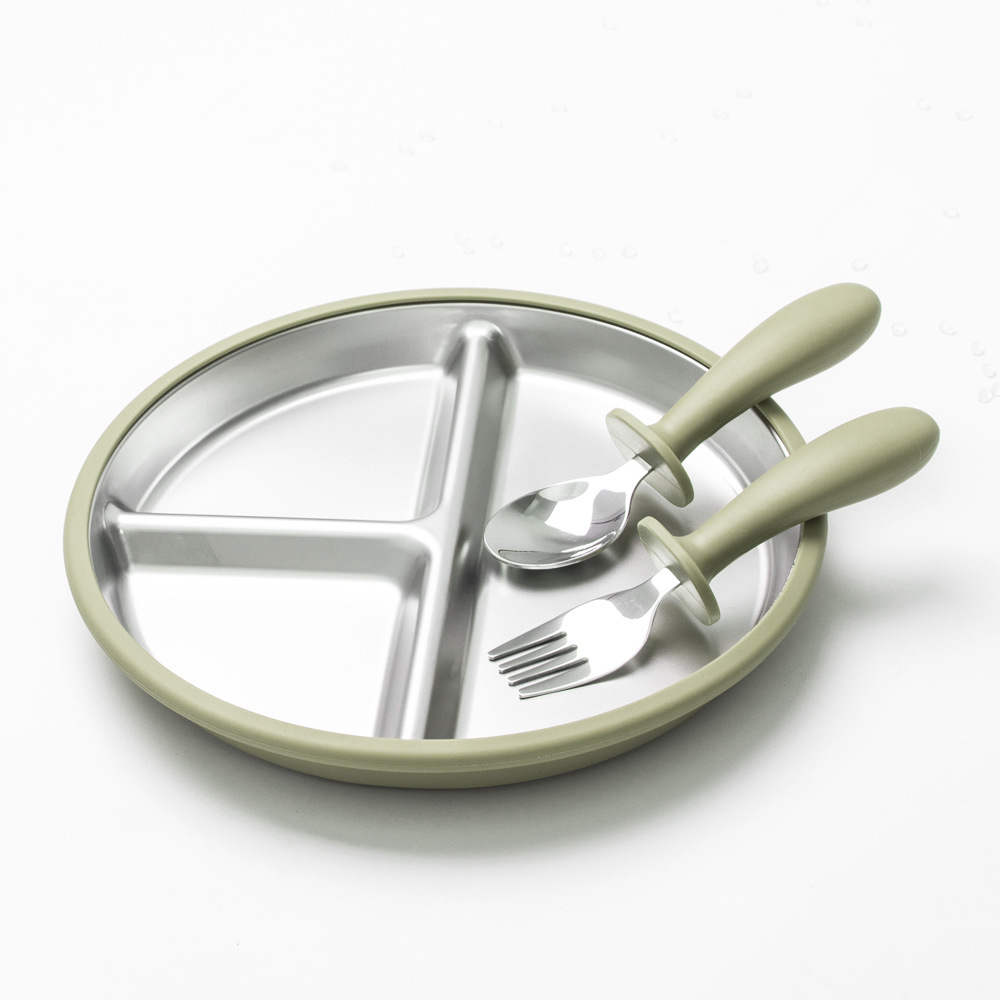 Grass green dinner plate + round handle fork and spoon