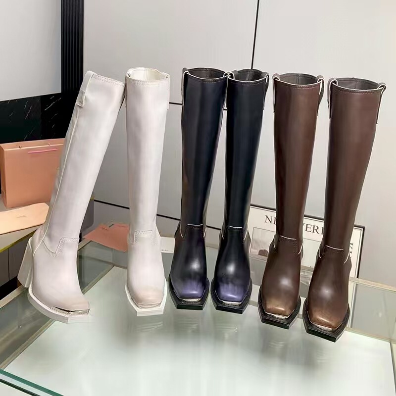 Yi Mengling same style French retro distressed chunky heel Knight boots miu square toe leather high boots knee boots