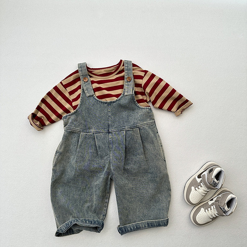Summer and Autumn New Arrival Unisex Korean Style Simple Matchable Onesie for Kids, Retro Cute Trendy Light Blue Denim Overalls with Pockets