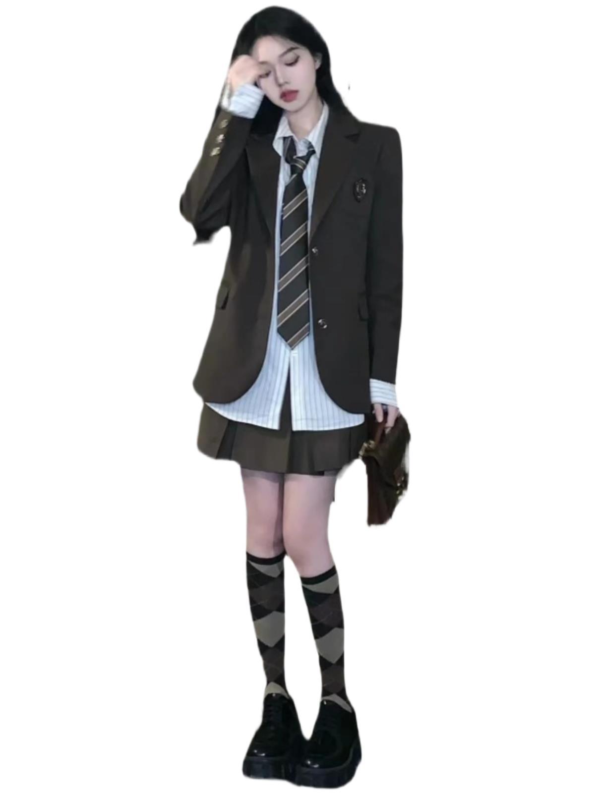 영국 JK 유니폼 아카데미 스타일 세트 빈티지 세트 캐주얼 달콤한 매운 주름 치마 여성의 가을과 겨울 다크 브라운 투피스 세트