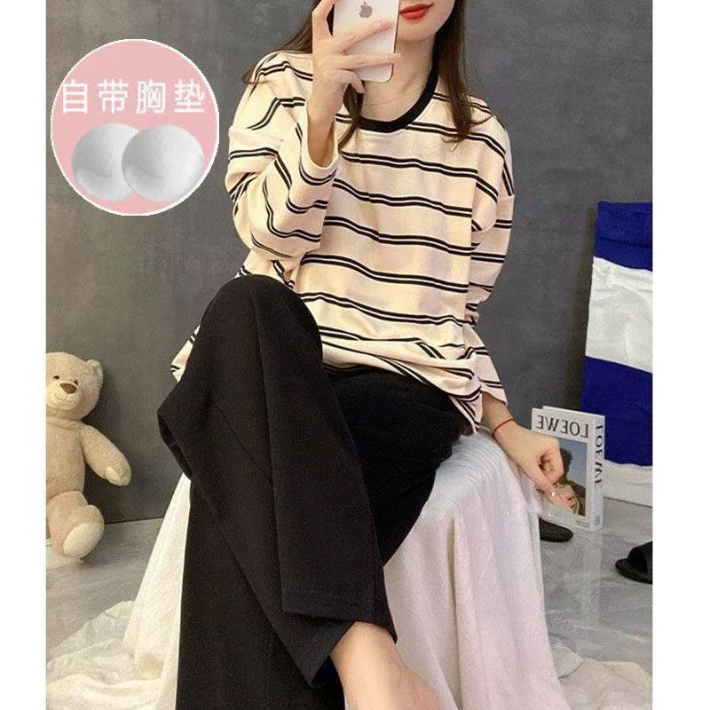 自带胸垫新款睡衣女夏季薄款宽松条纹长袖套装外穿大码家居服夏天