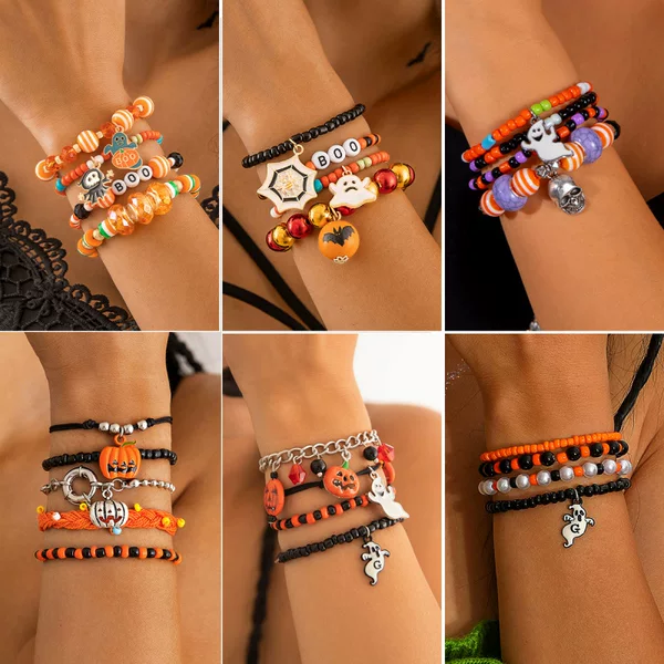 Cross-Border Halloween Funny Skull Rice Bead Bracelet Set Personalized Devil's Eye Oil Drop Bat Bracelet for Women
