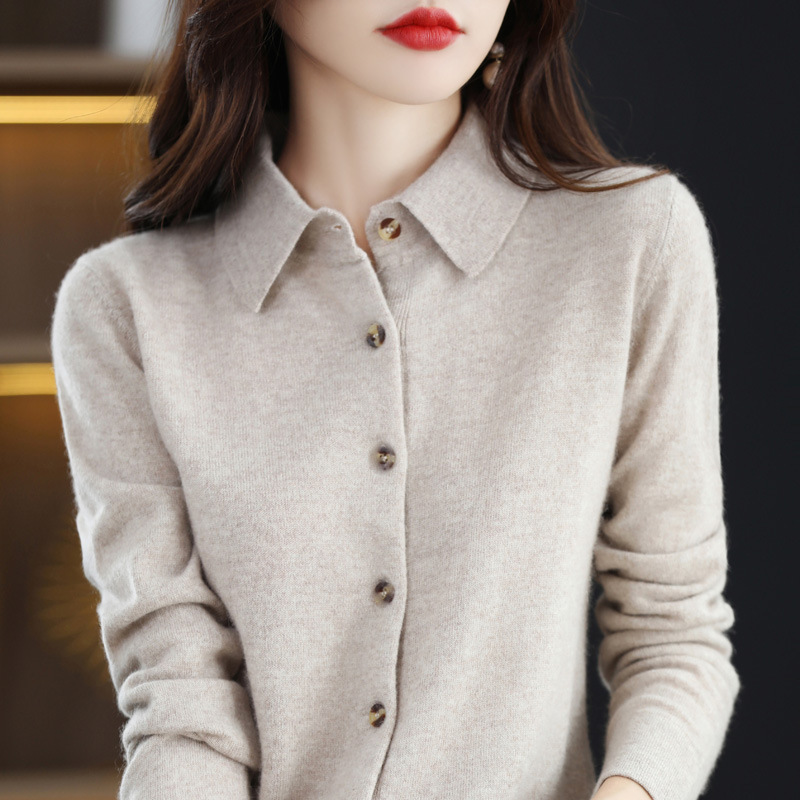 Autumn and Winter 100 Pure Wool Knitted Shirt Women's Coat POLO Collar Base Shirt Cashmere Sweater Cardigan Lapel Outer Wear